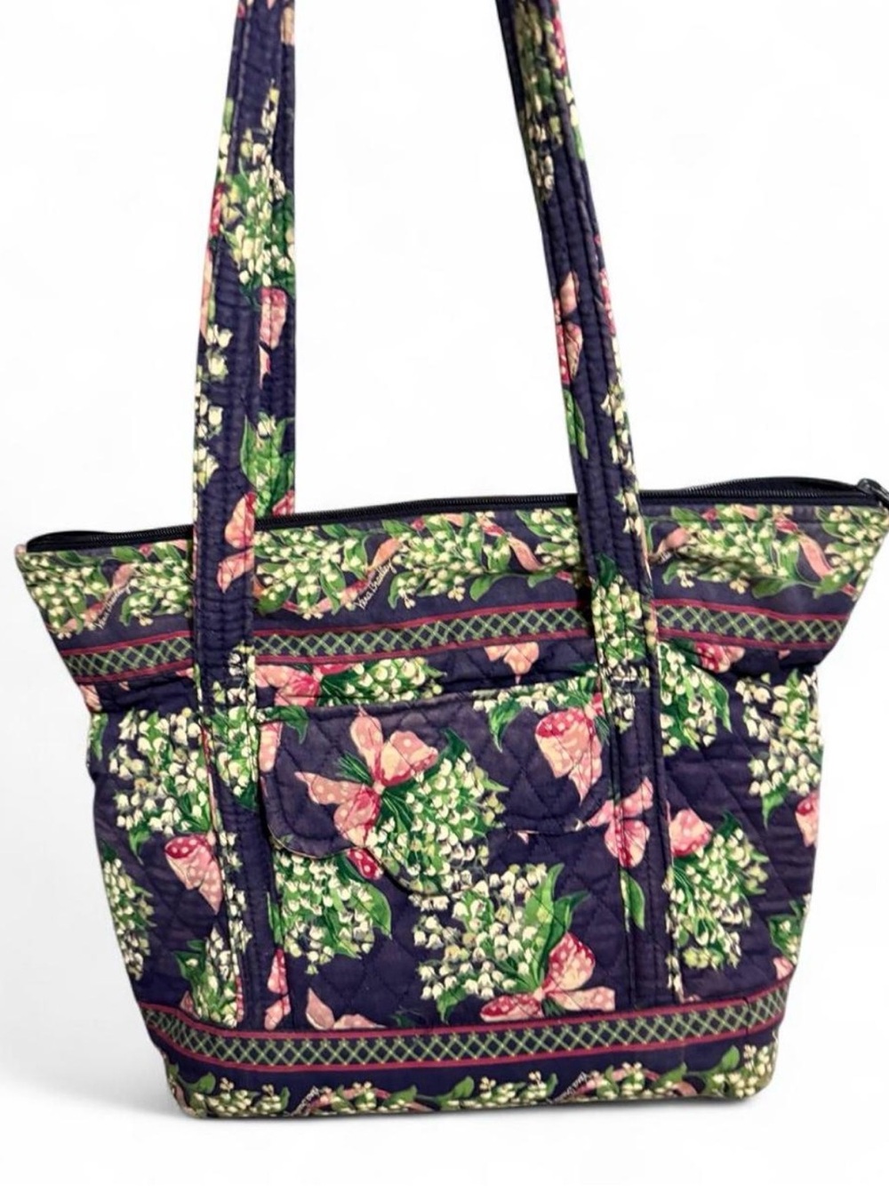 Vera bradley Quilted Floral Tote Bag in Navy with Pink & Green